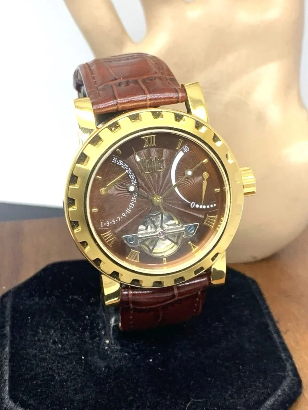 Wohler Men's Watch Automatic Gold Tone Case Brown Dial Leather Strap 42mm